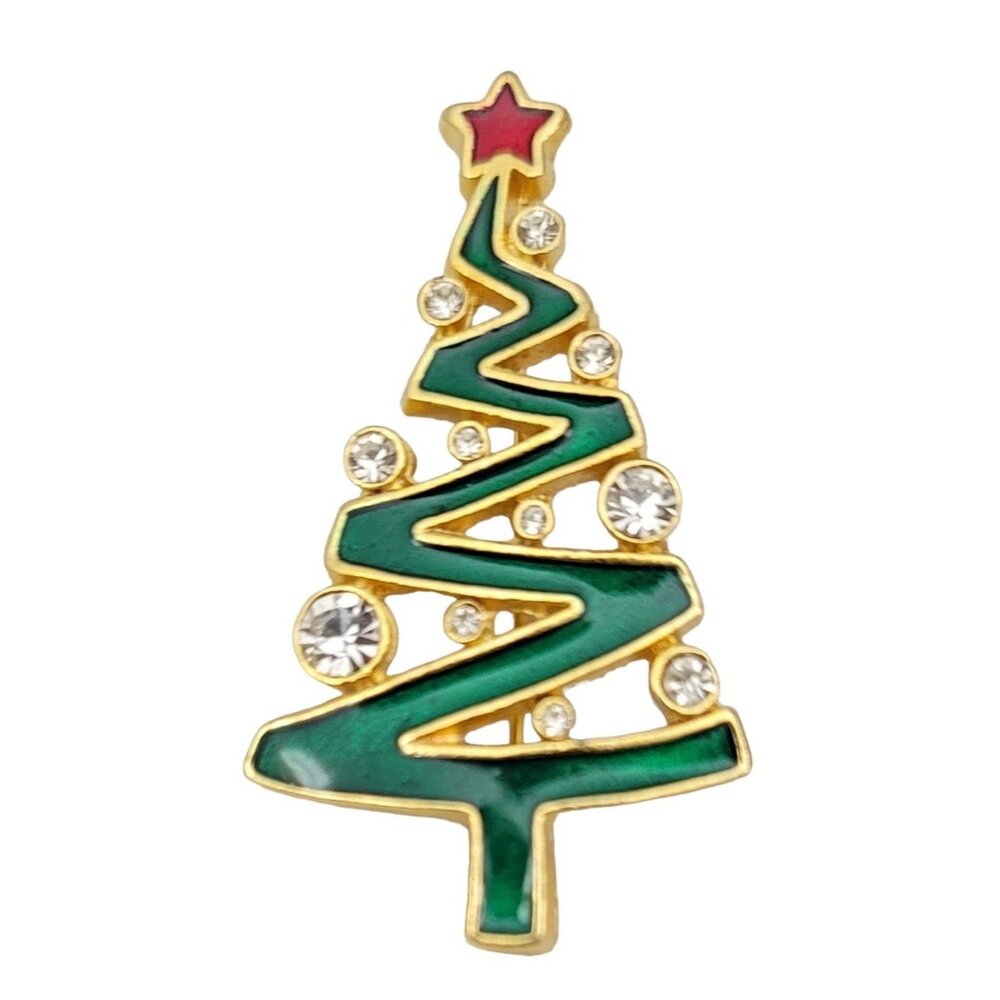 Lia Gold Tone Green Enamel Clear Rhinestone Christmas Tree Pin Brooch, N79
